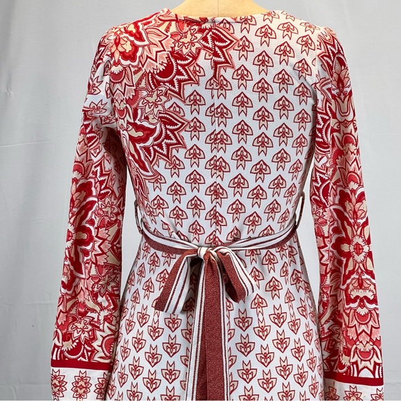VINTAGE 60s bohemian long sleeve maxi dress red floral medallion belted waist - Picture 8 of 17
